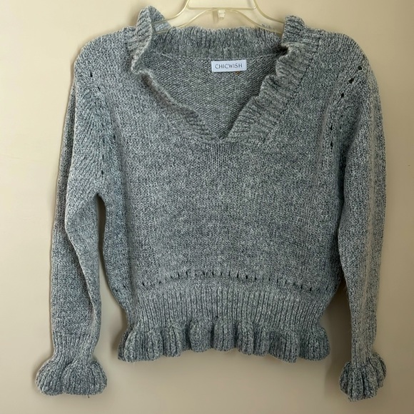 ChicWish |Gray Knit V Neck Sweater w/Cuff Wrists & Frill Sz L - Picture 2 of 12